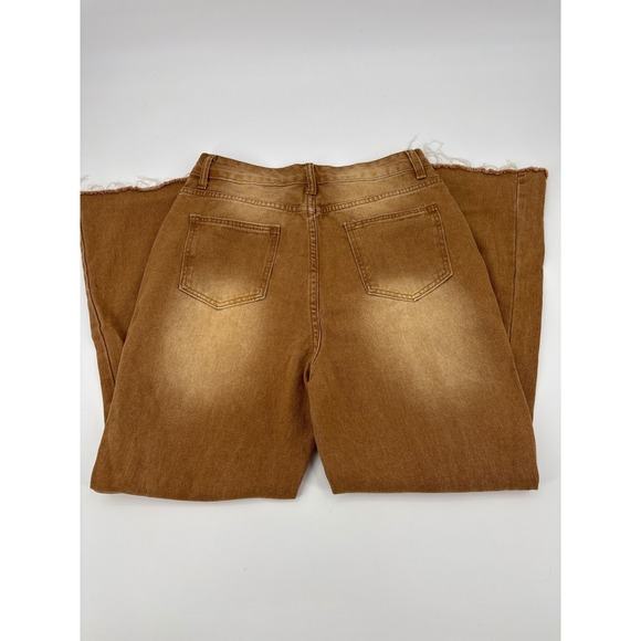 Boho grunge tan Cropped Flare distressed Raw Hem stretch Denim jeans festival M - Picture 2 of 4